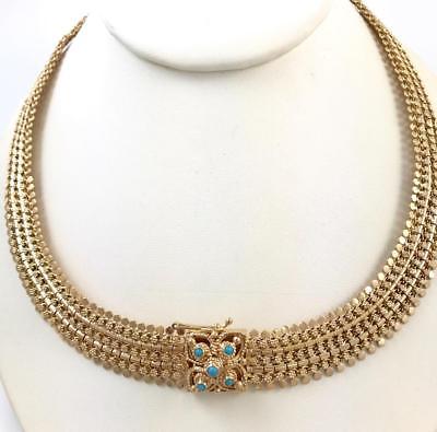 Vintage 19 Karat Yellow Gold Fancy Link Collar Necklace Turquoise Clasp 70 Grams