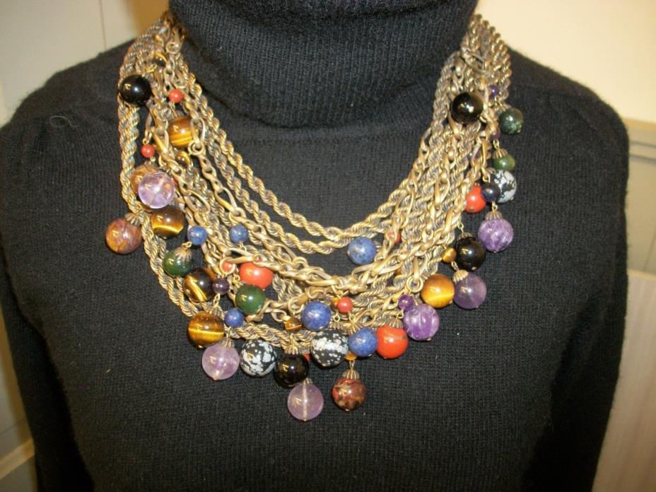 Vintage Art Glass Beads Multi Brass Chain Artisan Bib Necklace Estate Jewelry