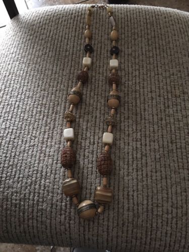 Vintage Carved Wood Wooden Beads & Brass Long Necklace 33