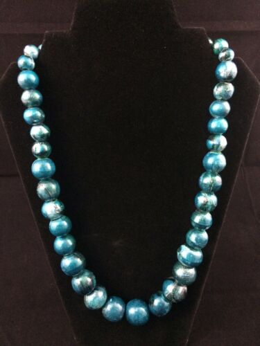 Vintage Painted Wooden Graduating Beaded Chunky Metallic Blue Costume Necklace
