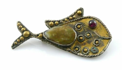 WHIMSICAL Vintage 1960s 70s Handmade Brass Garnet and Green Onyx FISH Brooch PIN