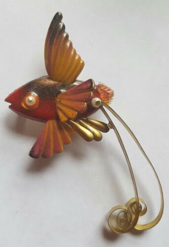 Unusual Fish Brooch Pin Handmade Designer Goldfish  Jewelry Handpainted VTG