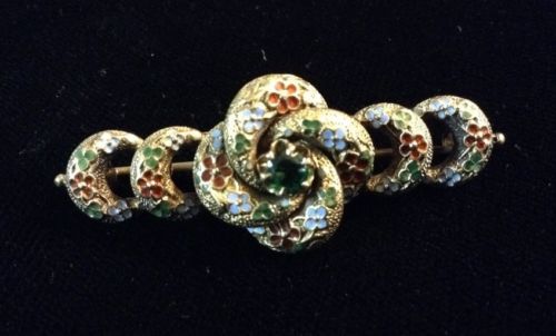 Antique Gold Victorian Enameled Flower & Green Stone Brooch Pin