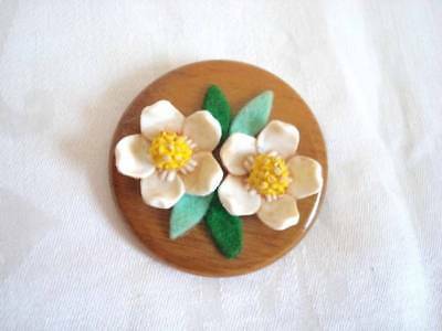 Vintage Wood Pin Brooch With Plastic Apple Blossom Flowers and Green Felt Leaves