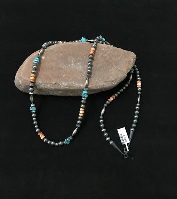Turquoise, Spiny, and Navajo Pearl Bead Sterling Silver Necklace 36.5