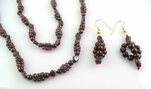 Vintage 1980s 90s Handmade Purple Garnet Beads NECKLACE & Pierced EARRINGS Set