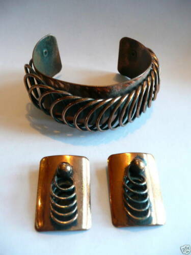 Vintage 1950s RENOIR California Handmade Modernist Cuff Bracelet & Earrings SET
