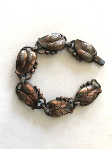Vintage Handmade Copper Plate Bracelet With Leaf Design Bronze Patina