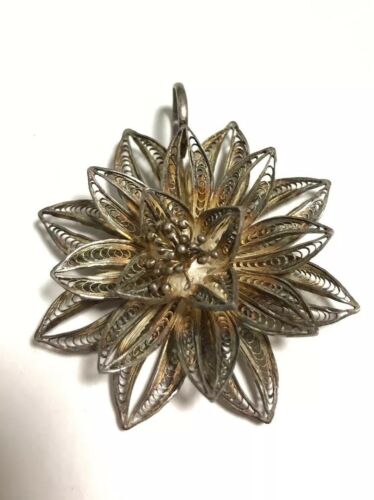 Large Vintage Silver 3-D Filigree Flower Charm or Pendant