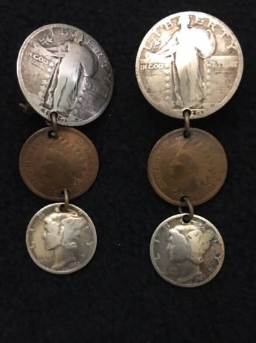 Vintage Walking Liberty Quarter Indianhead And Mercury Dime Earrings 50’s