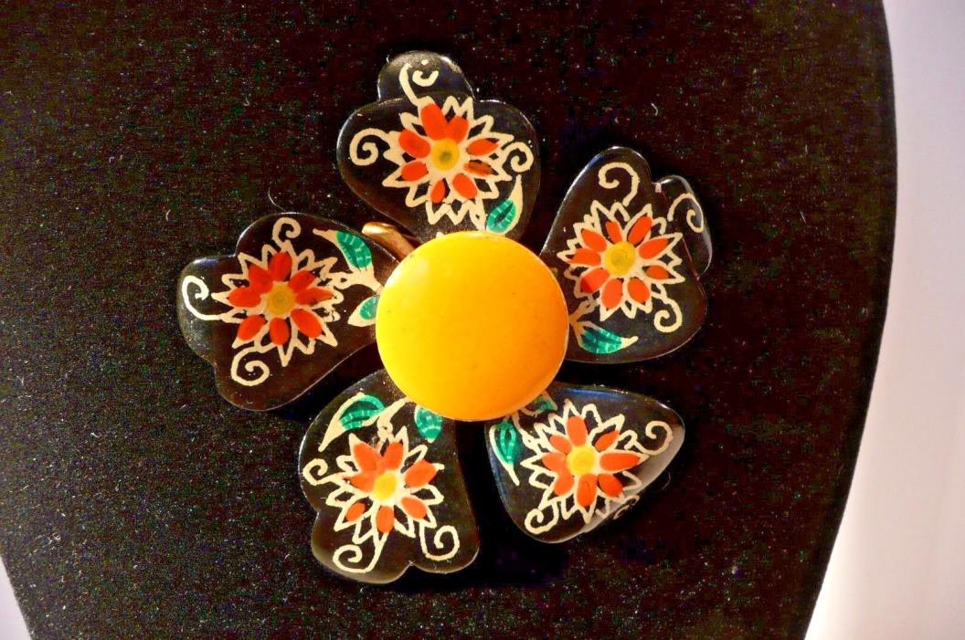 Brooch Made in West Germany Hand Painted 1950’s 60’s Metal Flower Orange Yellow