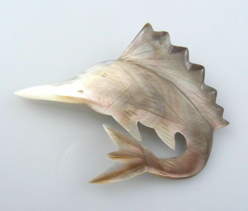 BIG Vintage 1950s 60s Hand Carved Shell SWORD FISH Design Brooch PIN