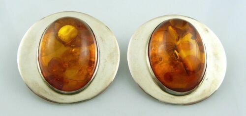 BIG Vintage 1970s SIGNED Handmade Sterling Silver & Amber Circular Clip EARRINGS