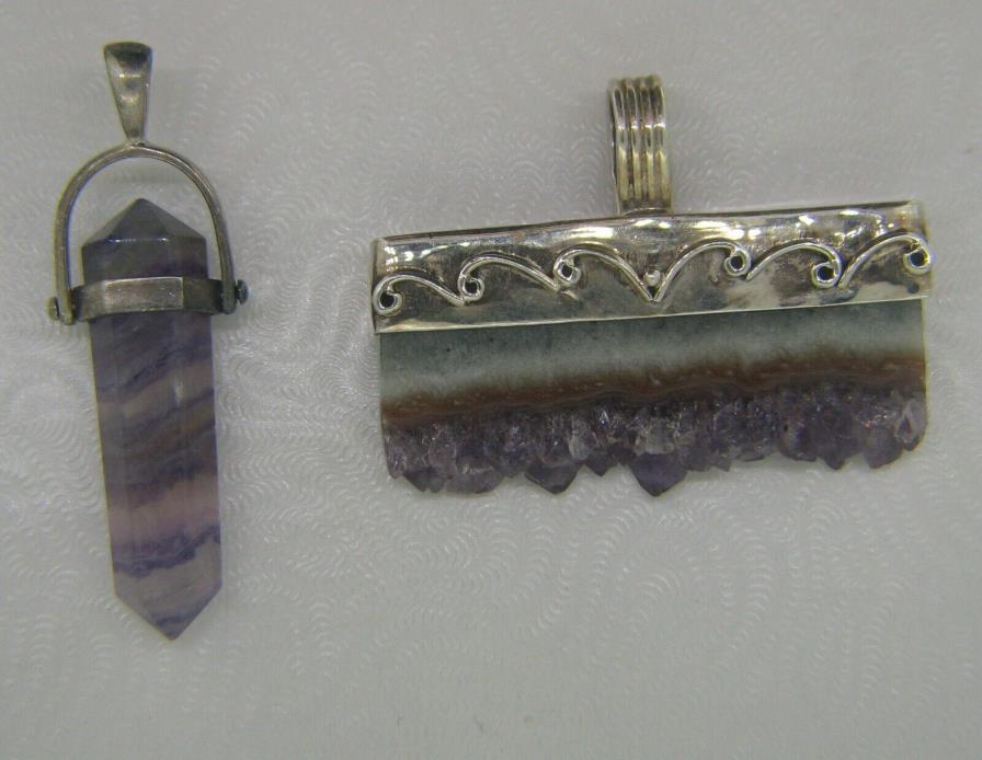 2 Vintage Modernist Sterling Purple Quartz Crystal Pendants! Very Fun!