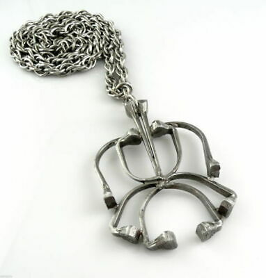 BIG Vintage 1960s 70s Handmade Pewter Modernist NAILS Pendant on Silver Chain