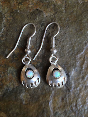 Vintage Native American Navajo Sterling Silver Bear Paw Dangle Opal Earrings