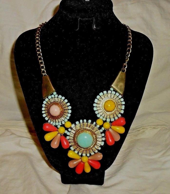 Necklace Multi Color Stones Glass Bead Brass Tone Metal Vtg, Well Made, Unique