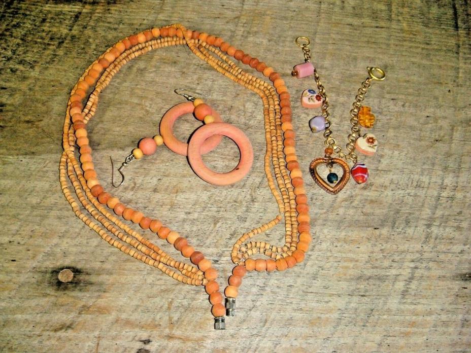 Vintage Papier Mache Beaded Necklace & Earrings w/ Complementing Bracelet