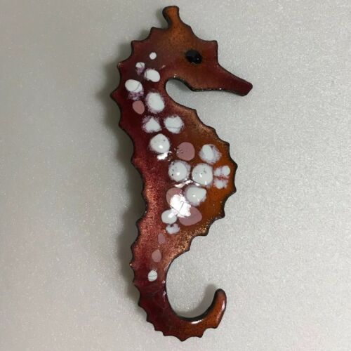 Midcentury Handcrafted Multicolor Enamel on Copper Seahorse Sea Horse Pin Brooch