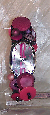 OOAK OVERSIZED  OVAL FUCHSIA WATCH WITH VINTAGE BUTTONZ AND BEADS UNIQUE