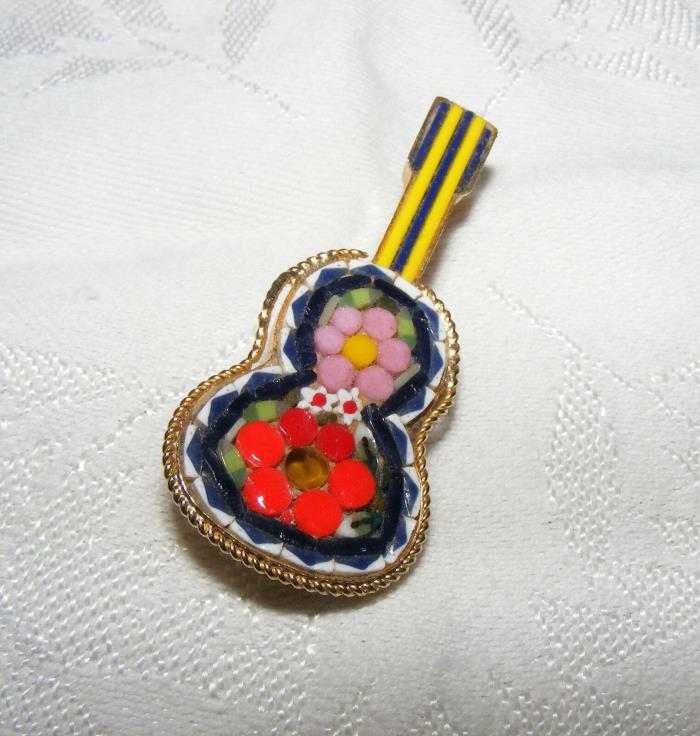 Vintage Italian Colorful Glass Mosiac Pin Guitar Millefiori Flowers