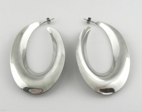 HUGE Vintage 1980s 90s Handmade Sculptural Modernist Silvertone Pierced EARRINGS