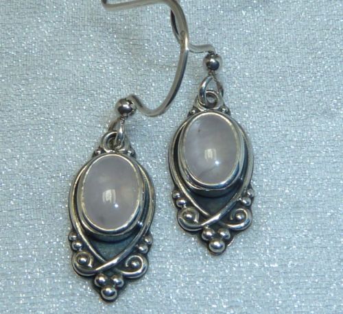 Vintage Sterling Earrings, 7 X 5mm Rose Quartz Cabochons, Konder #805