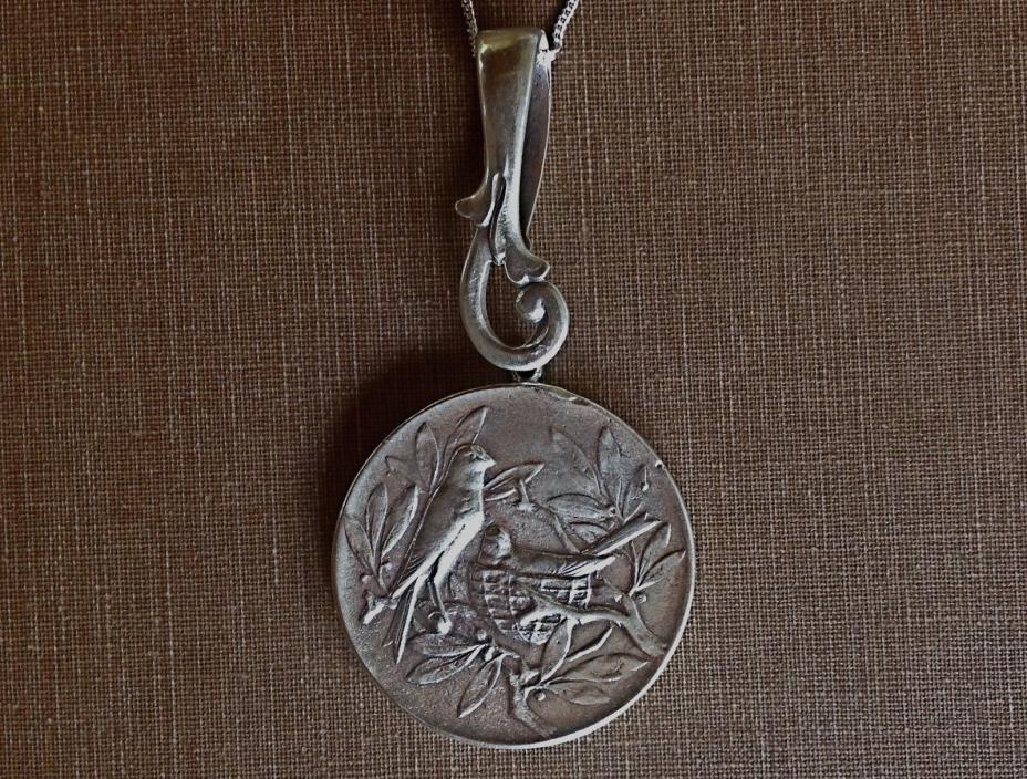 Sterling silver heavy coin vintage medallion bird nest pendant 18
