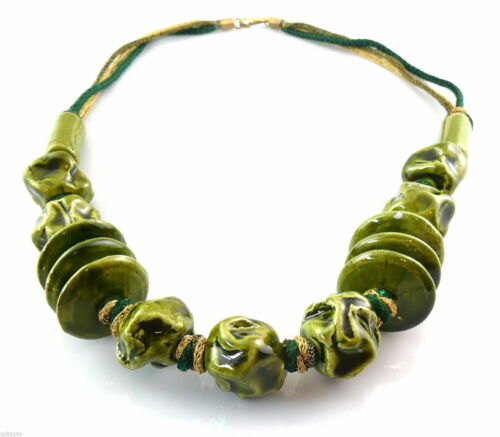BIG Vintage 1980s Modernist Handmade Green Pottery Beads & Fabric Cords NECKLACE
