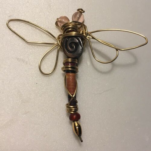 Handcrafted Dragonfly Figural Pin Brooch Beads Wire Wrapped 2.5” Vintage