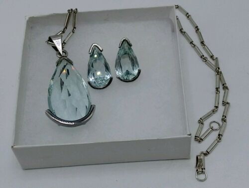 Taxco Mexico 925 Sterling TF-37 Aqua Blue Facet Statement Necklace Earrings set
