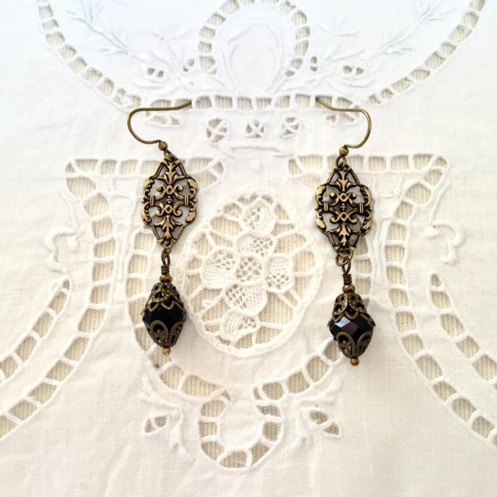 Vintage Jet Black Czech Crystal earrings.