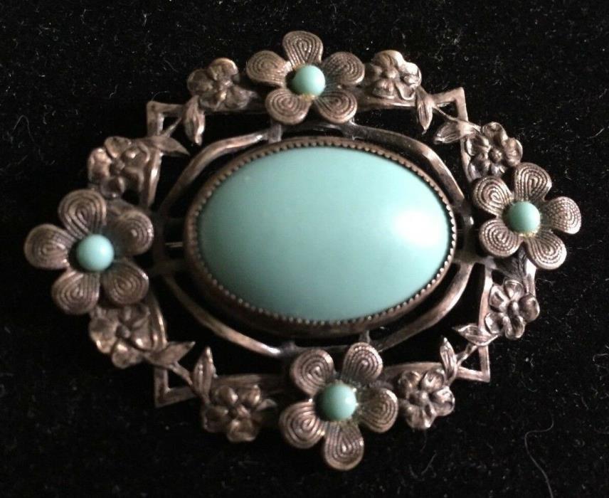 Vintage Artisan Made? Brooch Pin Faux Turquoise & Silver Costume Jewelry 3574F