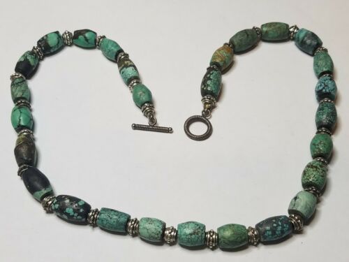 Vintage Ornate Handcrafted Sterling Silver Turquoise Bead Toggle Necklace 20