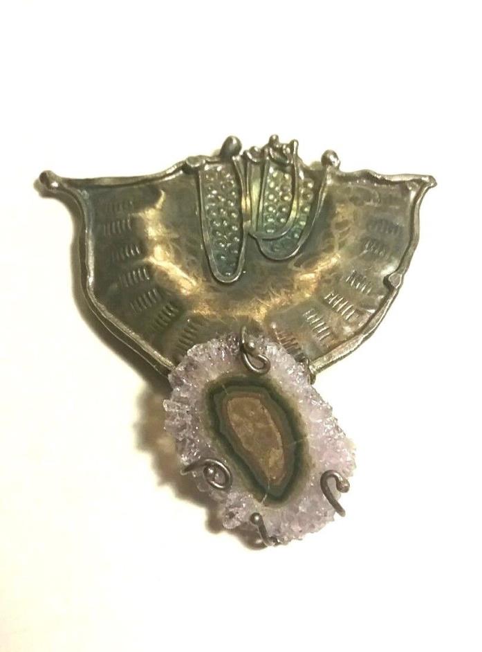 LARGE STERLING SILVER AMETHYST DRUZY GEODE ARTISAN STUDIO MODERNIST BROOCH