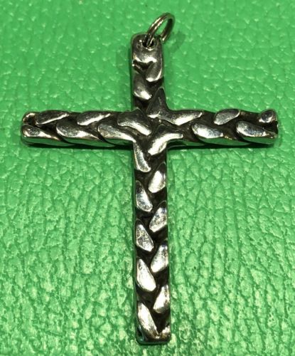 Stainless Steel & Black Artisan Welder Handmade Cross Pendant Braided 2-3/4”
