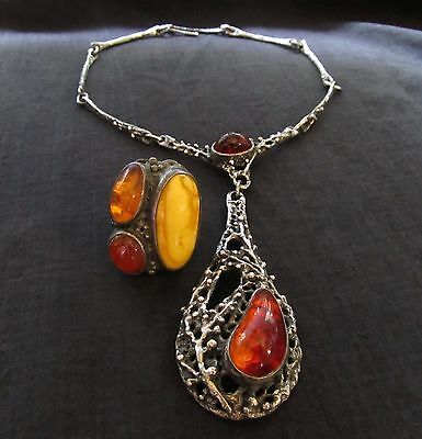 Vintage French 50's Modernist Sterling Amber Necklace And Ring
