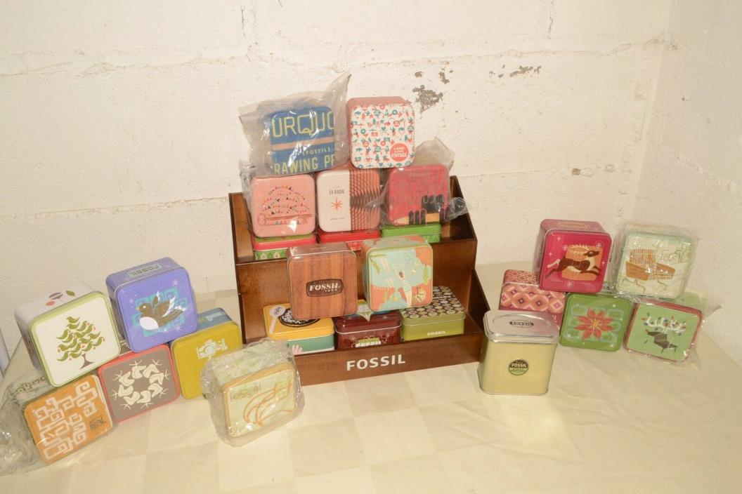 1999-2011 LOT! Wood FOSSIL Advertising STORE DISPLAY 25 Different Art WATCH TINS