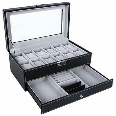 12 Slots Watch Box Mens Organizer Lockable Jewelry Display Case With Real Glass