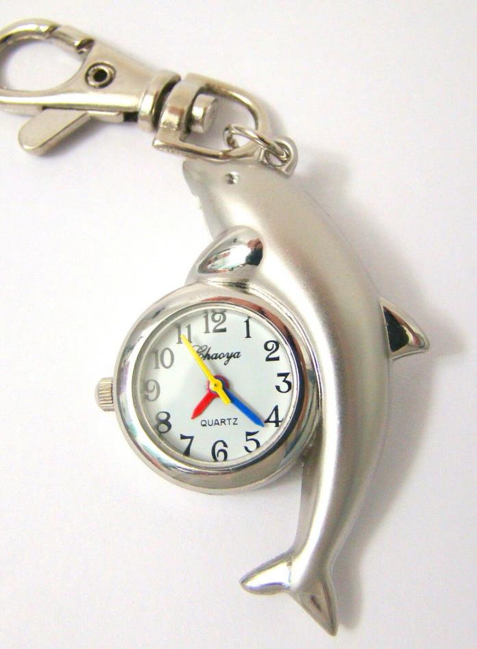 Silver Tone Dolphin Leaping Watch Keychain Red Blue Yellow Timer Hands