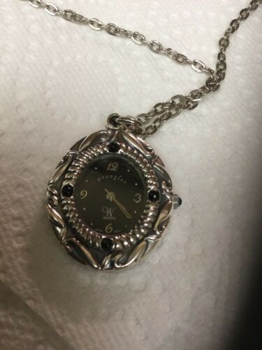 Vintage WRANGLER pendant necklace watch and  chain Black Face 4 Black Stones