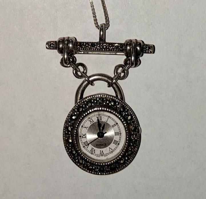 Vintage Necklace Pendant Watch w/ Marcasite and Chain. Quartz; Japanese Movement