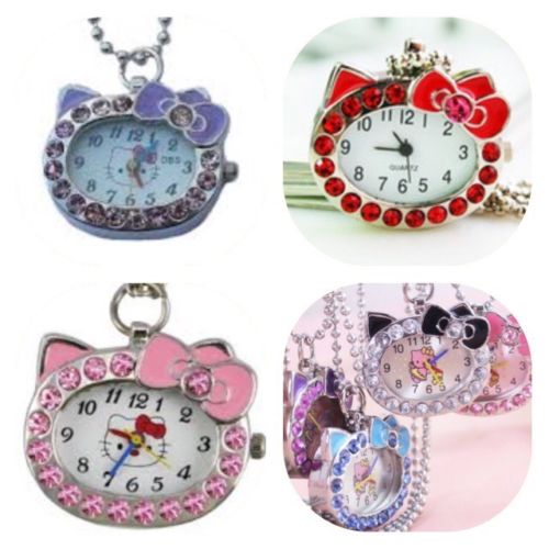 Hello Kitty Baby Blue Crystal Rhinestone Pendant Pocket Watch Chain Necklace