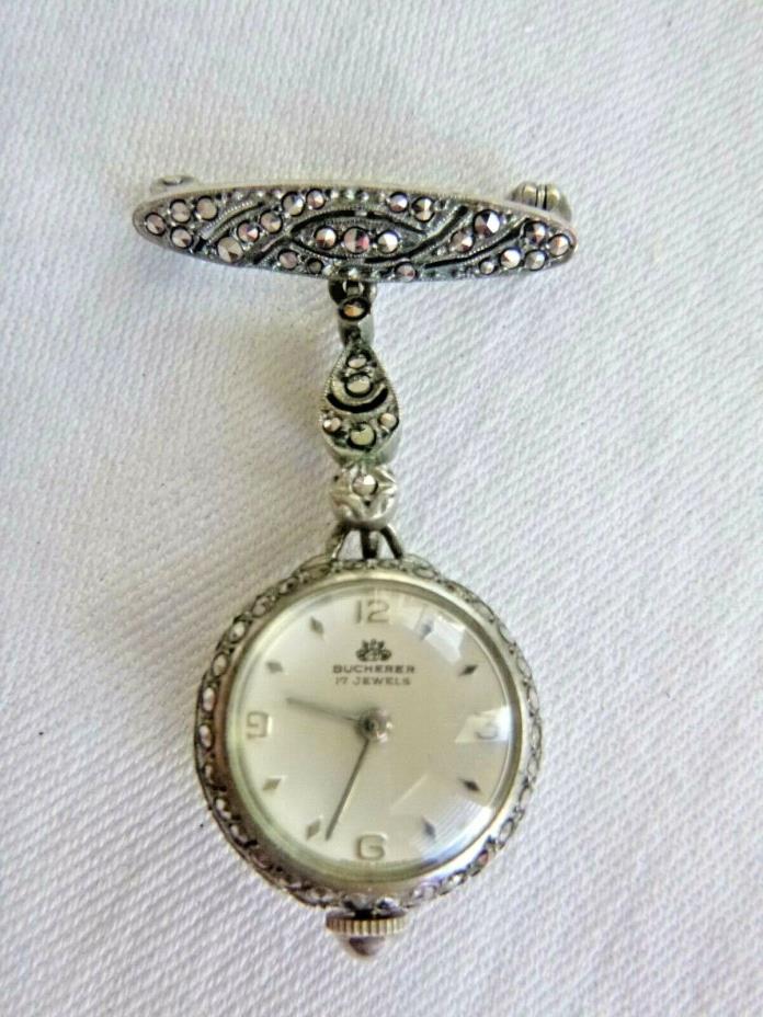 Vintage Bucherer Lucerne Swiss 17 Jewel Lapel Watch Pin 800 Silver Signed CB