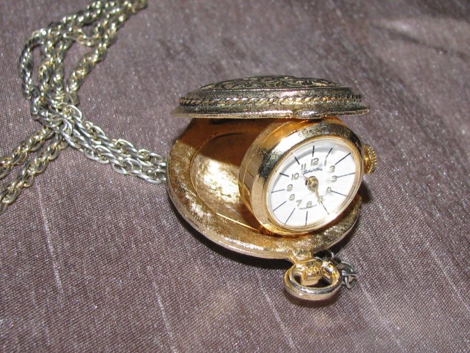 Vintage Fashiontime Locket Pocket Watch Necklace Swiss Made Works