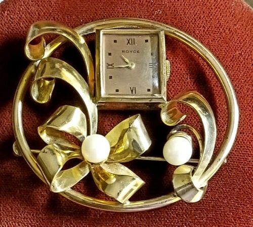 Vintage Swiss ROYCE Mechanical Self-Winding 7-Jewels Gold & Pearls Brooch Watch