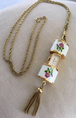 Vintage Bucherer Necklace Pendant Sliding Watch Enamel Floral Roses w/Chain