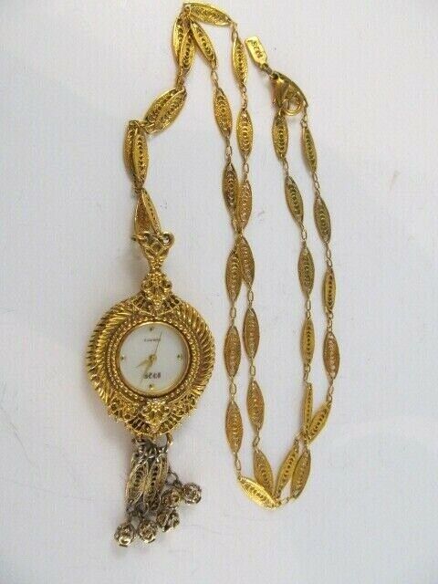1928 Jewelry Co. Gold Tone Filigree Pendant Watch-MOP Dial- 32