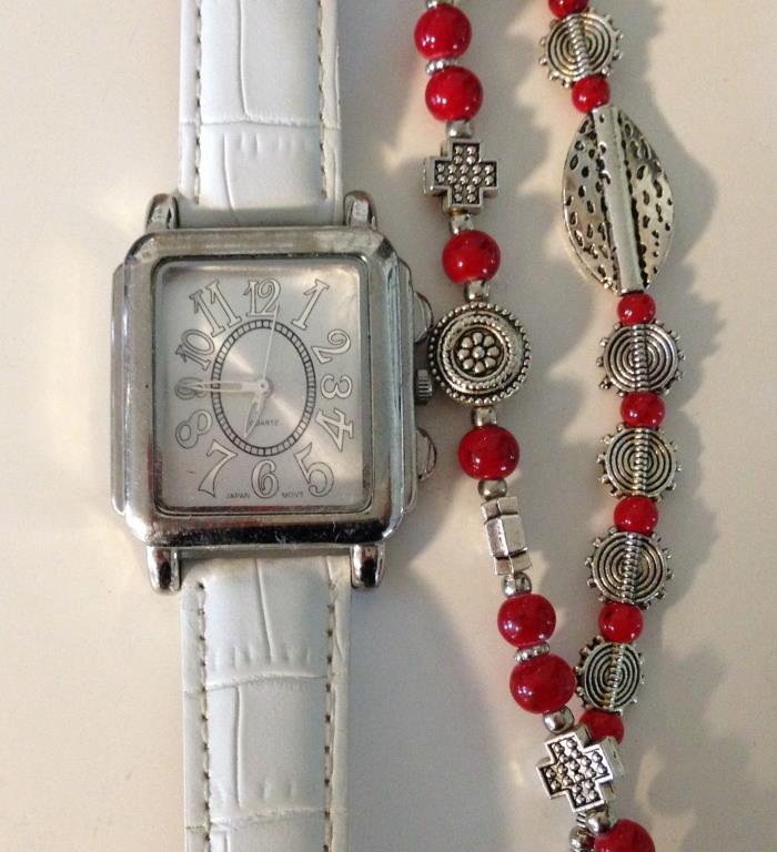 White Nurses Watch and 2 Bracelet Jewelry Lot Red Silver Second Hand