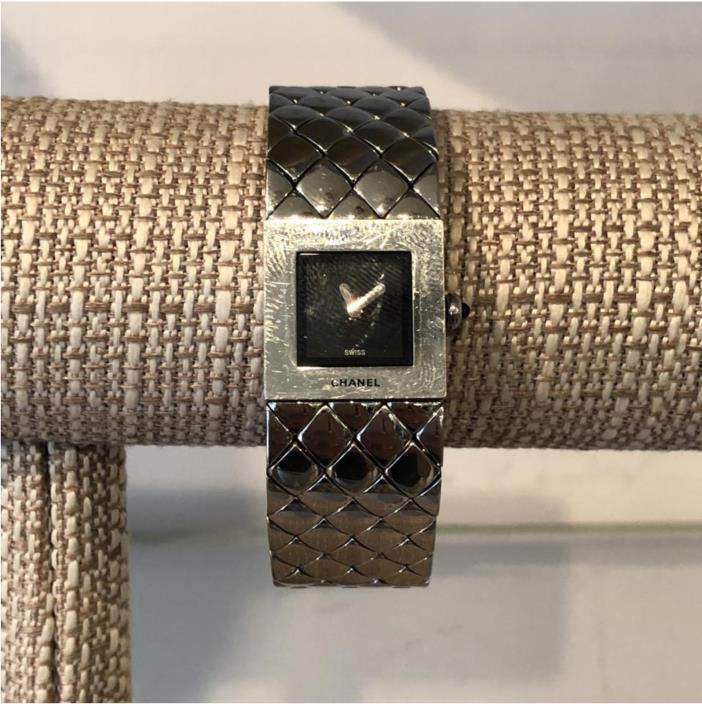 Chanel Iconic Quilted Silver Band with Black Face Watch